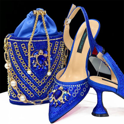 2024 Latest Wedding Pointed Toe Women's Shoes High Heel Black Color Rhinestones italian shoes and bags matching set