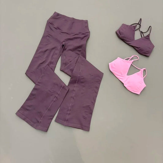 2Pcs Sports Set Women Seamless Front Tie Crossover Bra Crossover Waist Flare Leggings Sets Gym Fitness Workout Sports Sets