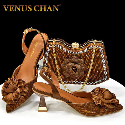 Trendy Brown High Heel Women's Shoes with 3D Rose Rhinestones & Matching Handbag Set - Italian-Inspired Pointed-Toe Design