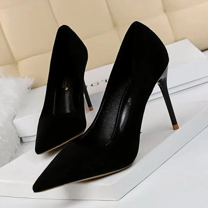 Women 9cm High Heels Pumps Stripper Flock Suede Plus Size Escarpins Lady Wedding Bridal Heels Escarpins Green Blue Yellow Shoes