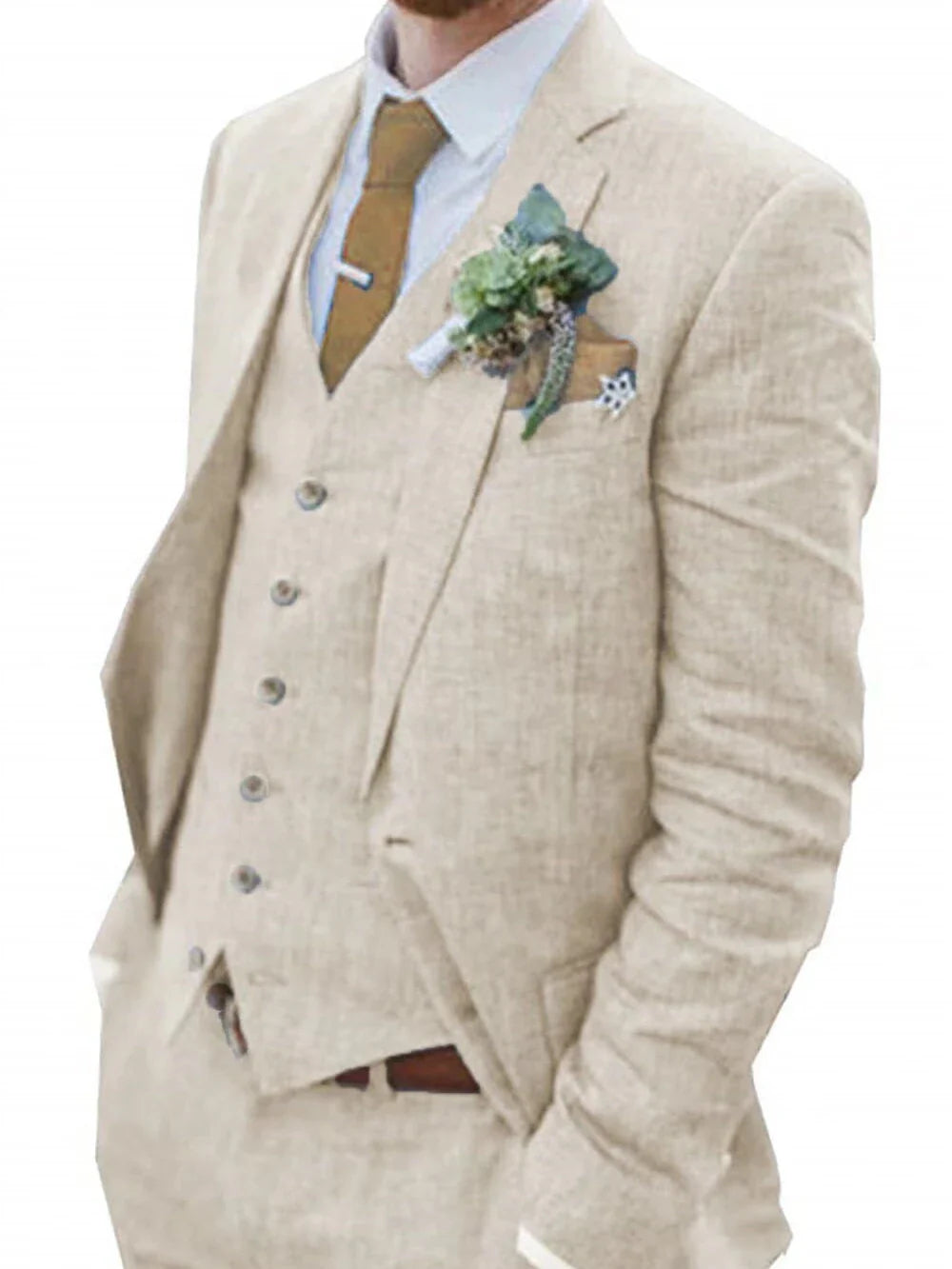 High-End Retro Linen Men Suit Beach Wedding Suit Summer Slim Fit 3 Pieces Light Weight Linen Suit Jacket Vest Pant