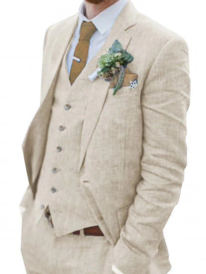 High-End Retro Linen Men Suit Beach Wedding Suit Summer Slim Fit 3 Pieces Light Weight Linen Suit Jacket Vest Pant
