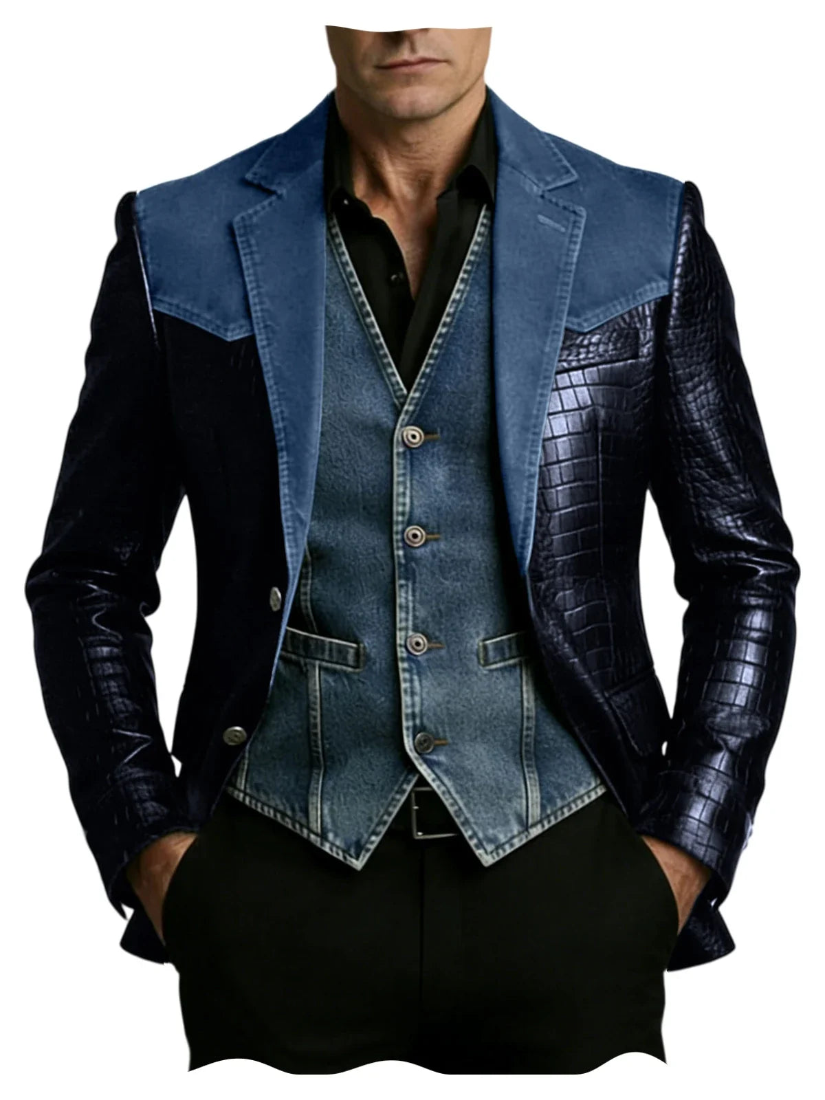 Men's Patchwork Denim & Crocodile Leather Blazer Two-Tone Western Style Suit Jacket Vintage Casual Fashion Coat