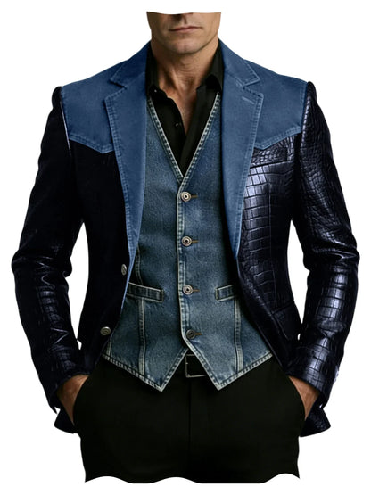 Men's Patchwork Denim & Crocodile Leather Blazer Two-Tone Western Style Suit Jacket Vintage Casual Fashion Coat
