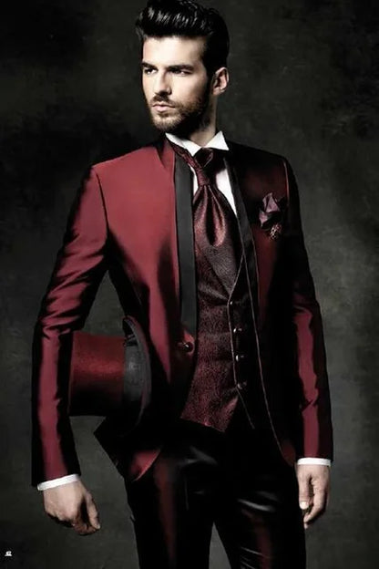 Grey Wedding Men Tuxedos Stand Collar Suit Men's Business Office Slim Fit Good Quality Male Suits 3 Pieces Sets