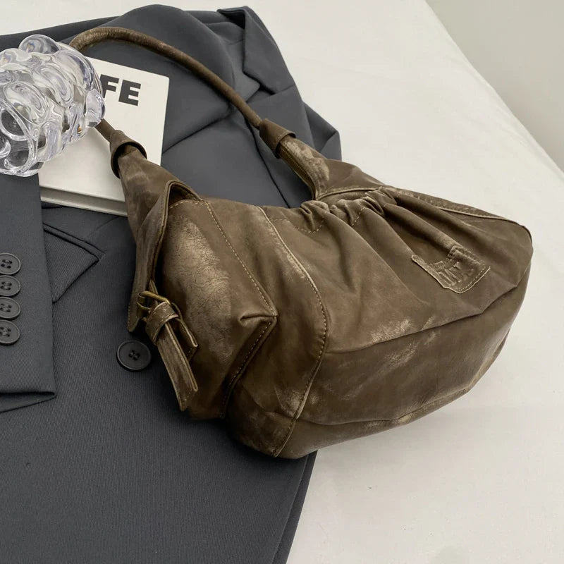 Retro Leather Shoulder Bags for Women 2025 Spring Vintage Underarm Bag Handbags and Purses Latest Fashion Hand Bag