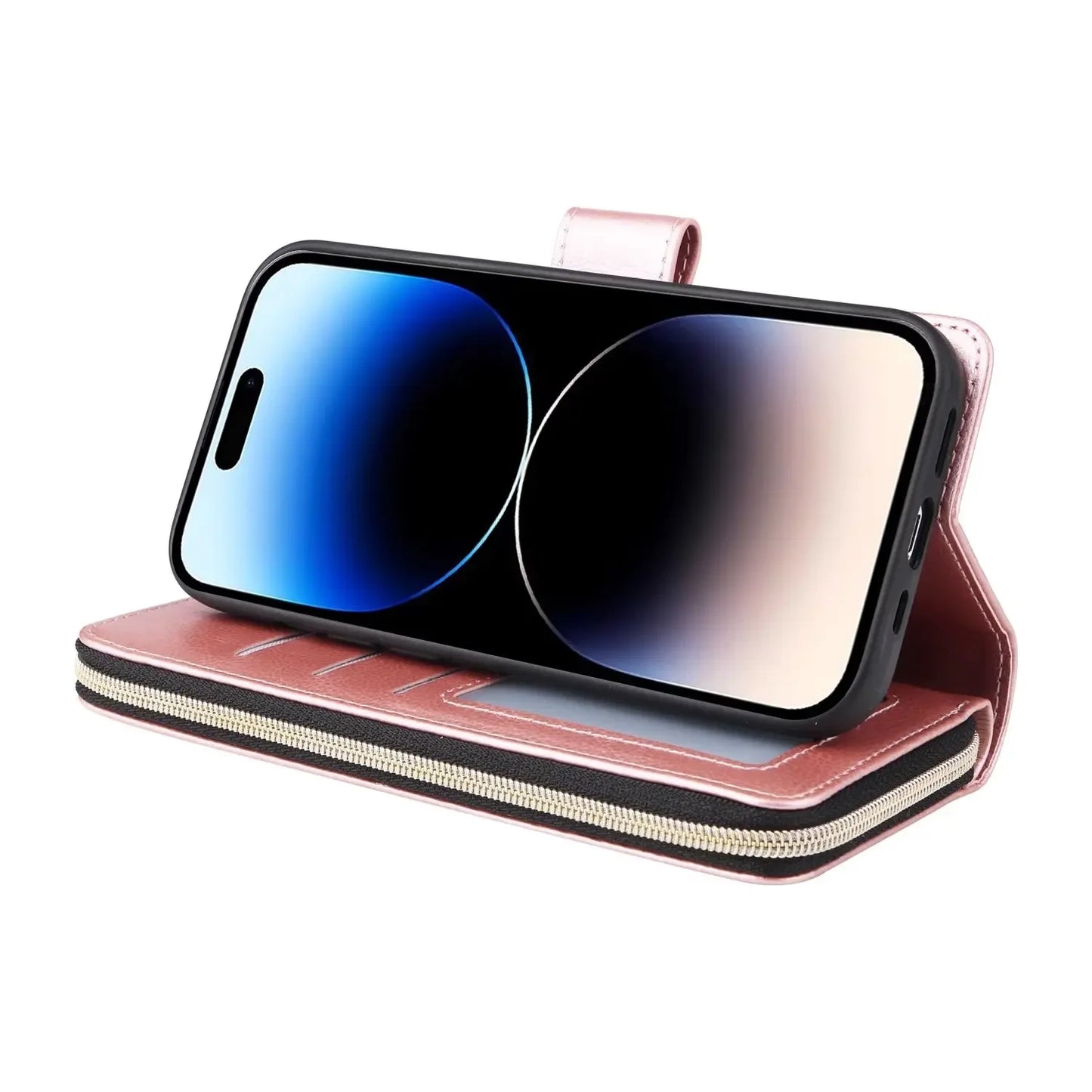 Double Layer Zipper Wallet Case with 9 Card Slots for iPhone 16 16E Pro Max 15 14 Plus13 12 Pro Max PU Leather Flip Cover