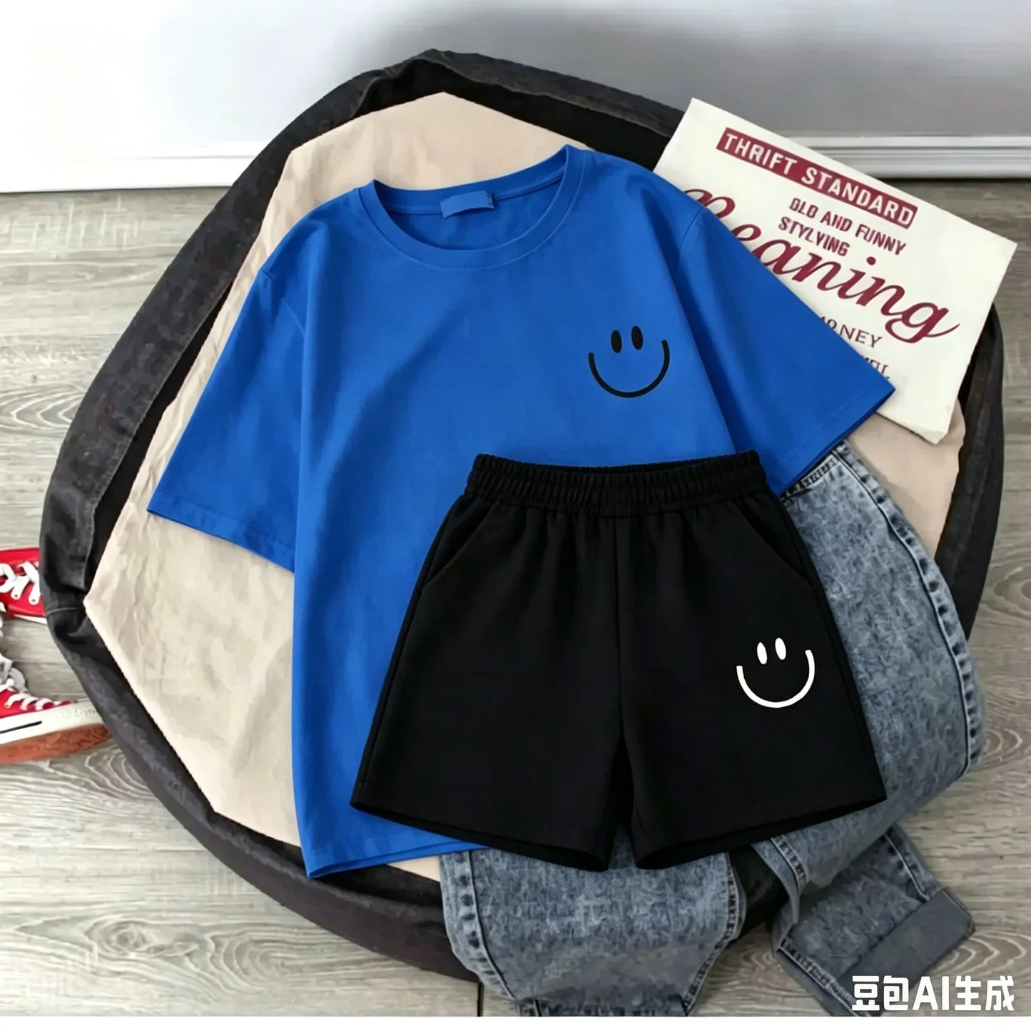 2026 New Summer Smiling Face Print Kids T-shirt Set Short-sleeved Pure Cotton Loose Basic Versatile Cool Simple Kids Outfit Tops