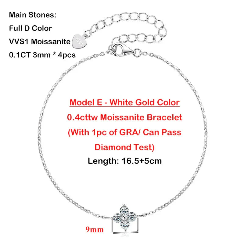 4-Leaf Clover GRA Certified 0.9cttw D Color Moissanite Diamond Bracelet for Woman 925 Silver Link Bracelets Fine Jewelry