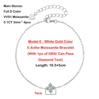 Clover GRA Certified 2cttw D Color Moissanite Bracelet for Women Girl 925 Silver Pass Diamond Test Hand Link Bracelets Gift