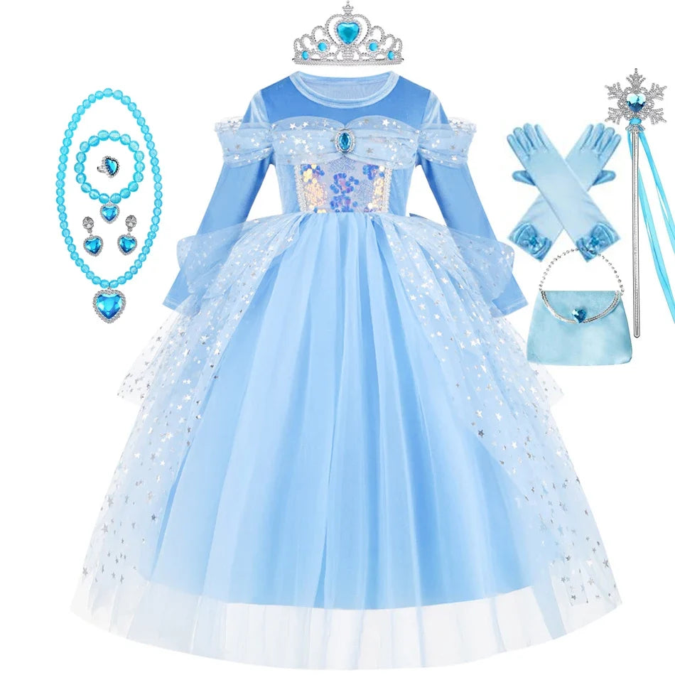 Girl Cinderella Dress Long Sleeve Princess Cosplay Costume Blue Sequin Children Bithday Surprise Kids Ball Gown