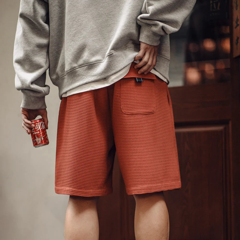 Retro Profile Waffle Fabric Shorts Loose Straight Thin Breathable Elastic Waist Basketball Shorts for Men's Summer