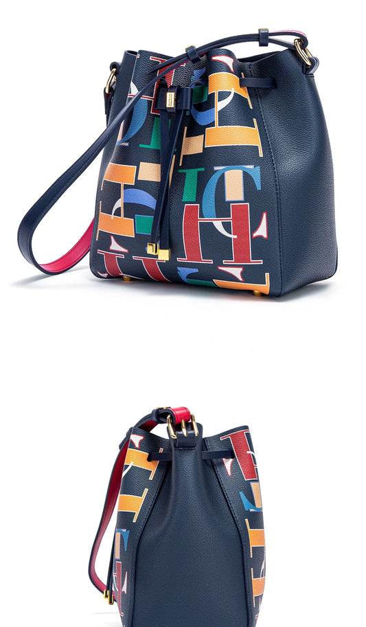 Color-Blocked Letter Print Design Women's New Shoulder Bag Seasonal New Arrival Fashionable Classic Women's Bucket Bag