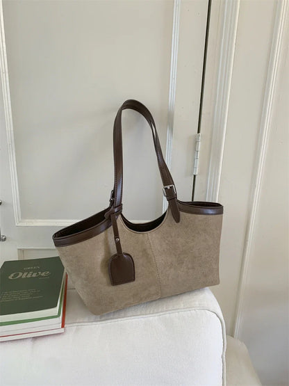2026 Autumn Retro Suede Shoulder Bags for Women Faux Patchwork PU Underarm Armpit Bag Work Travel Casual Street Designer Handbag