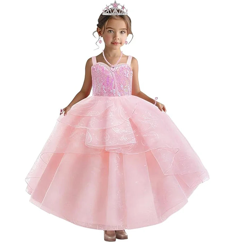 Movie Good Witch Costume Kids Pink Dress With Crown Magic Wand And Gloves For Girls Evil Halloween Birthday Party Prom Outfits