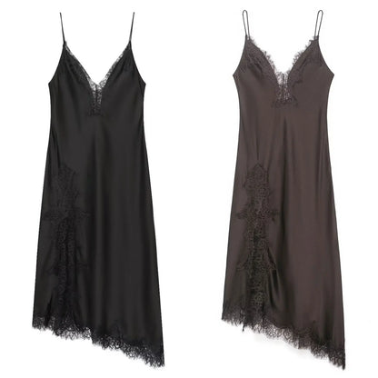 Women Fashion Lace Splicing Satin Texture Long Dress Sexy Backless Sleeveless Dresses Summer Lady Trend Party Evening Dress