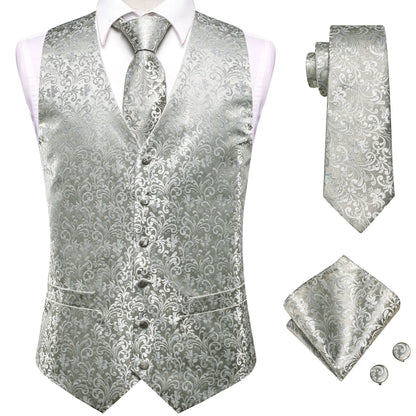Luxury Mens Waistcoat Tie Set White Black Gray Silver Brown Sleeveless Jacket Suit Vest Necktie Hanky Cufflinks Gift