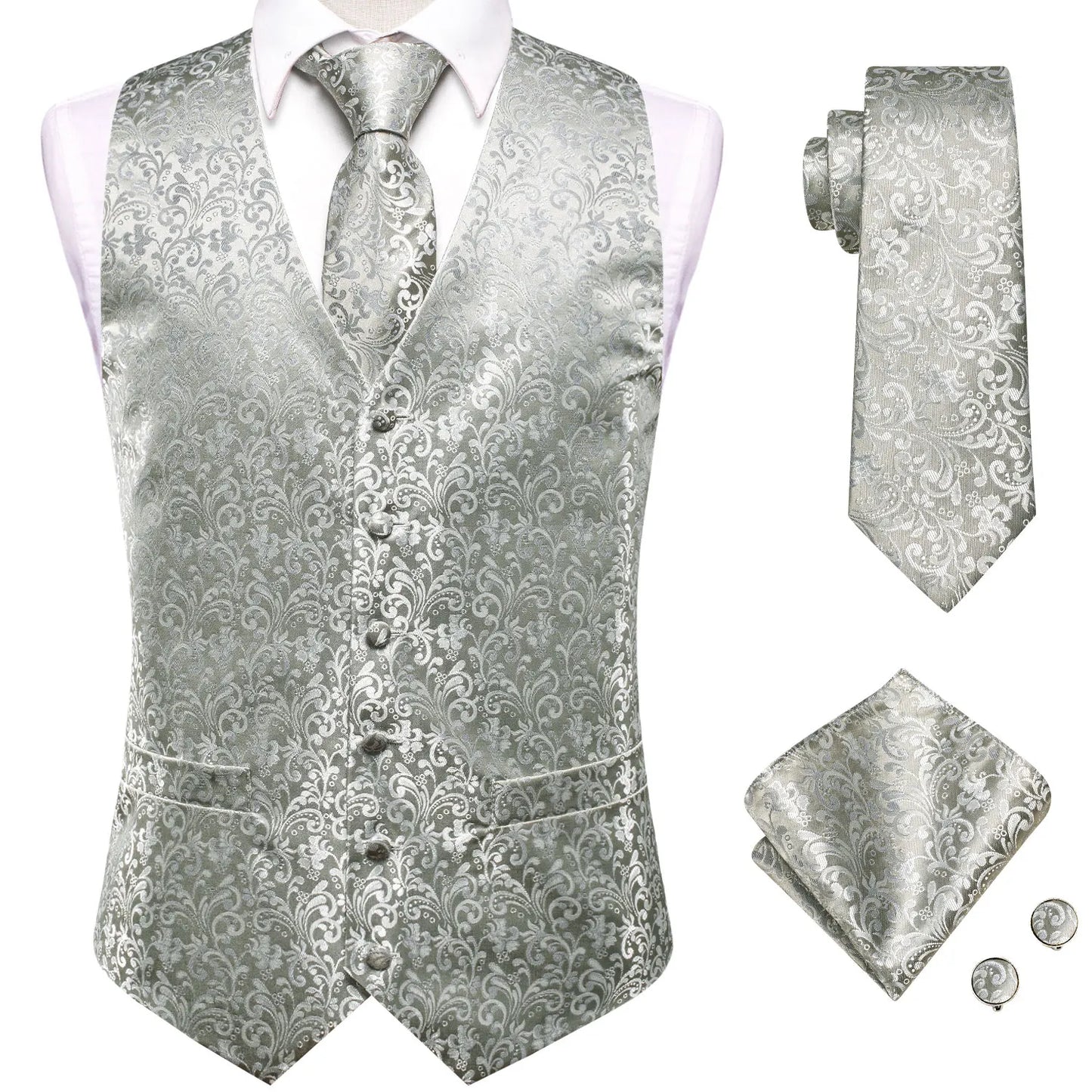 Silk Mens Vests Sleeveless Waist Jacket Jacquard Black Orange Floral Waistcoat Tie Hanky Cufflinks Set for Men Casual XXL