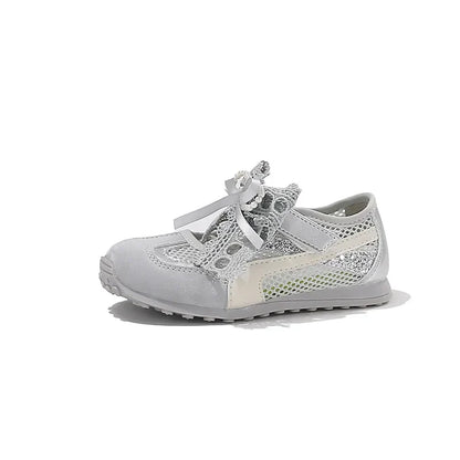 Kids'Casual Shoes Sneakers Mesh Bow Spring Summer Shoes For Girls Anti-slip Breathable Soft Bottom White Silver Shoes Size 23-36