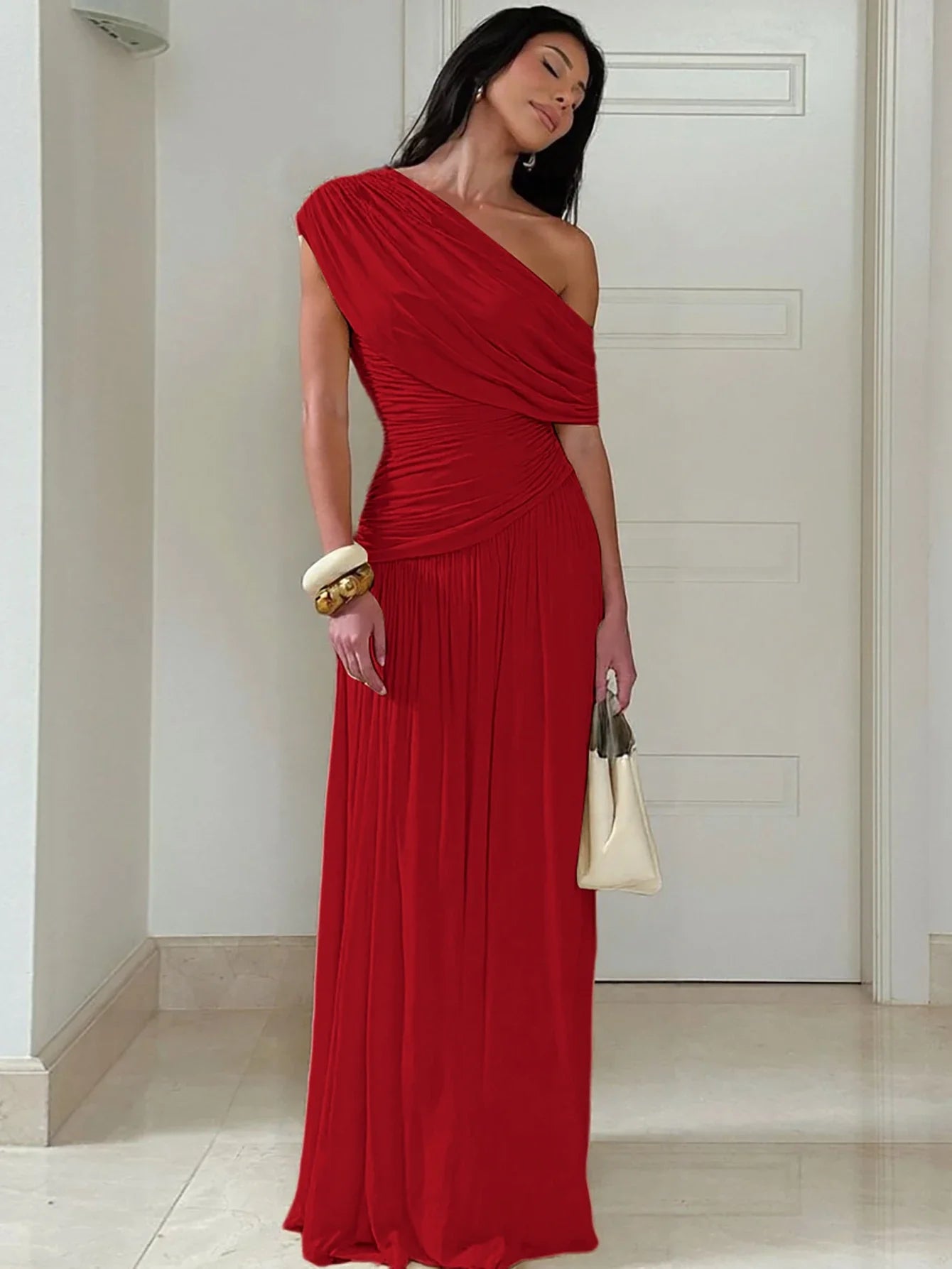 One Shoulder Ruched Sleeveless Solid Pleated Sexy Irregular Y2K Maxi Dress Summer Elegant Party Women Clothes Vacation