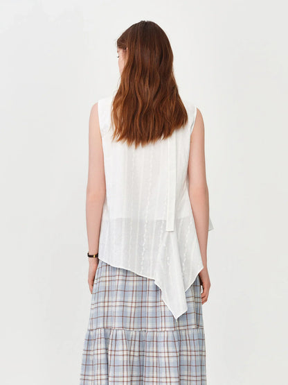 2026 Summer Women Asymmetrical Cut-out Tie-Neck Sleeveless Blouse Round Neck Top Soft Elegant Daily Layering Essential