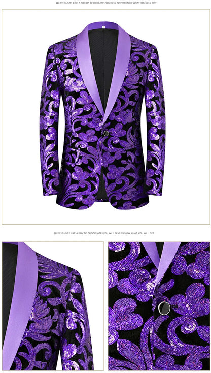 2024 New Flat Velvet Large Flower Sequin Jacquard Mens Blazer, Purple  Stage Performance Suit Dress, Host Fashion Show Jacket