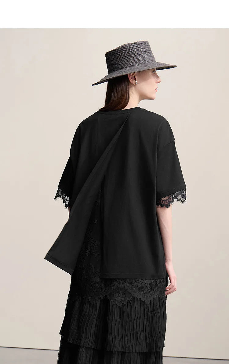 Women's T-Shirt 2026 Summer Round Neck Drop Shoulder Cotton Tee Lace Lace Patchwork Loose Side Slit Top For Women 12652004