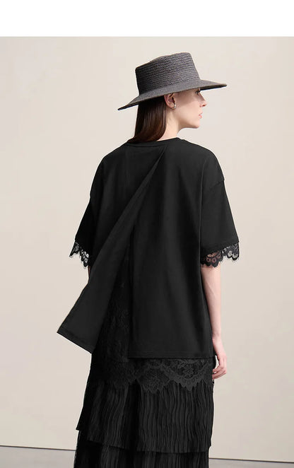 Women's T-Shirt 2026 Summer Round Neck Drop Shoulder Cotton Tee Lace Lace Patchwork Loose Side Slit Top For Women 12652004