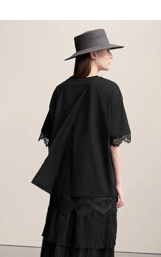 Women's T-Shirt 2026 Summer Round Neck Drop Shoulder Cotton Tee Lace Lace Patchwork Loose Side Slit Top For Women 12652004