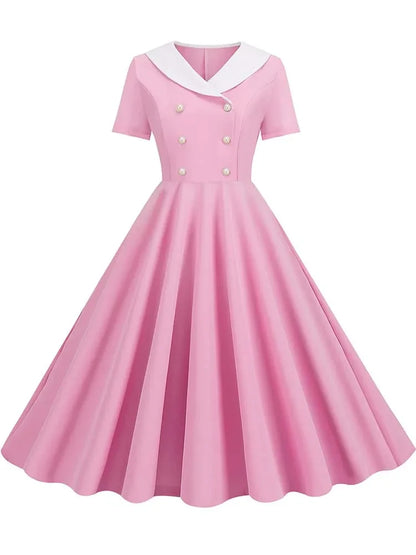 Summer Midi Dress Women Elegant Pink Vintage Party Sundress Casual Peter pan Collar Short Sleeve Dress