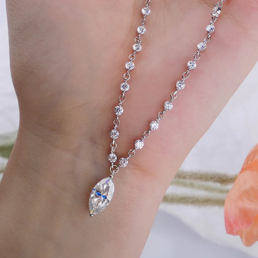 3MM Round Bubble Moissanite Diamond Tennis Neclace With 3carat Marquise Cut Pendant Neck Chain For Women 925 Silver Fine Jewelry