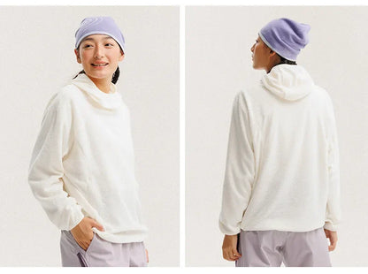 Unisex Lightweight Cloud Velvet Hooded Quick-Dry Shirt for Outdoor Sports: Classic Hood, Elastic Cuffs & Brand Logo Details
