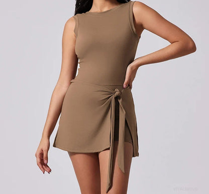 Boat Neck Tennis Dress Golf Dress for Women with Buit-in Short Sleeveless Backless Sarong Wrap Active Dress Workout Romper Dress