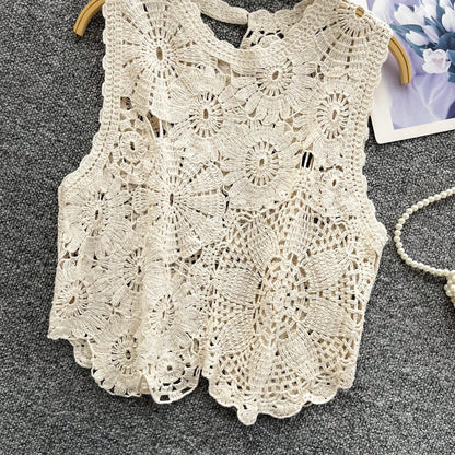 Korean Basic Knitting Tank Tops Female Sleeveless Hook Flower Hollow Chic Design Summer Sweet Fashion Knitted Blouse