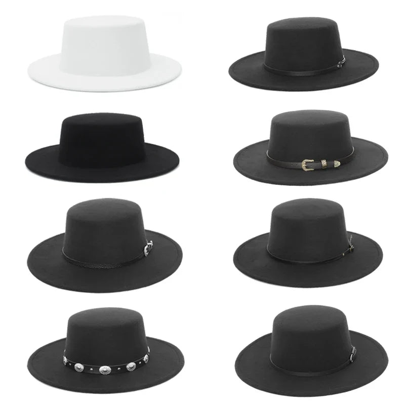 Elegant Wide Brim Fedora Hat for Women Men Flat Top Boater Hat Belt Buckle Fedoras Church Panama Hats