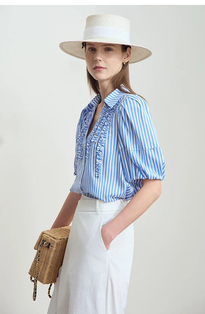 Minimalist New Summer Style 2025 Shirt for Women Turn Down Collar V-neck Lantern Sleeves Blue White Stripes Shirt 12542087