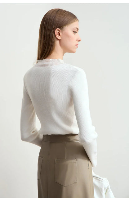 Minimalist Women's Turtleneck Slim Sweater 2025 Autumn Collection Sheer Panel Versatile Elegant Base Layer Top 12444241