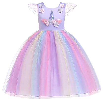 Kids Unicorn Dress for Girls Party Dresses Flower Appliques Ball Gown Little Girl Princess Costumes Summer Children Clothing