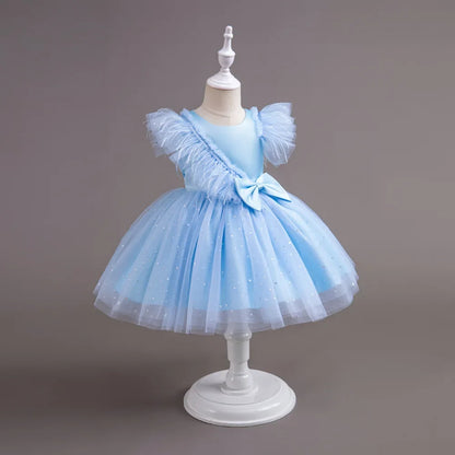 Summer Girls' New Bow Sequin Flying Sleeves Mesh Fluffy Skirt Piano Competition School Graduation Ceremony Dress