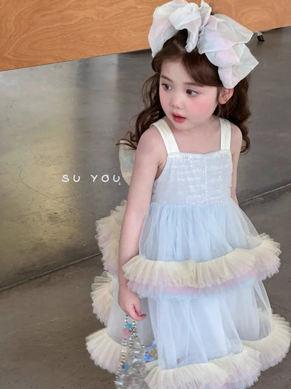 Sweet Baby Girls Elegant Rainbow Gradient Tutu Princess Cake Sundress Kids Tulle Ruffle Trim Puffy Birthday Party Casual Gown
