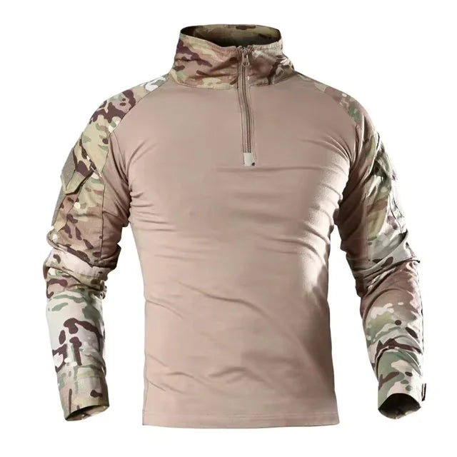 Men's Long Sleeve Combat Shirt Zipper Ripstop Cotton Tactical Shirts Navy Blue Camoufalge Airsoft T Shirts