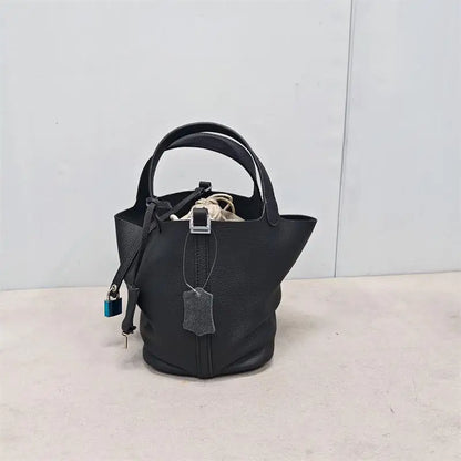 Top Layer Cowhide Leather Handbag European Sle Buet Bag Fre Vegetable Basket Ladies Handbag Soft Handle Casual Faion