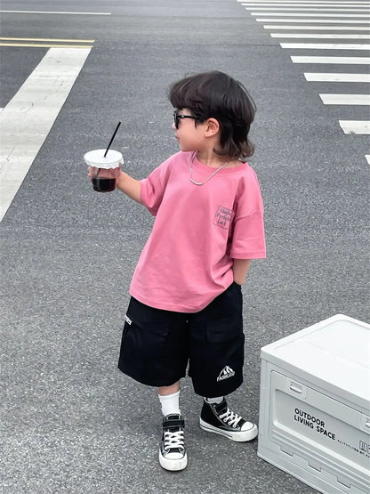 Japanese Style Boys 100% Pure Cotton T-Shirt 2026 Summer Kids Loose Comfortable Trendy Top