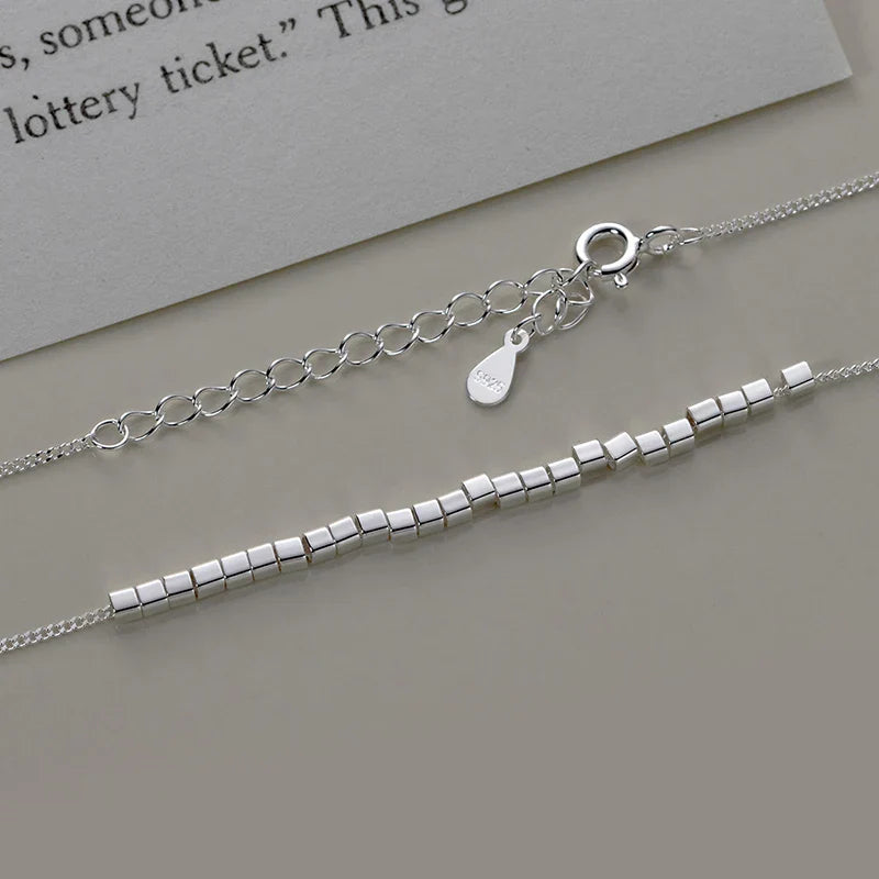 925 Sterling Silver Slide Block Sparkling Necklace Basic Chain Link Simple Fine Jewelry For Women Valentine's Day Gift