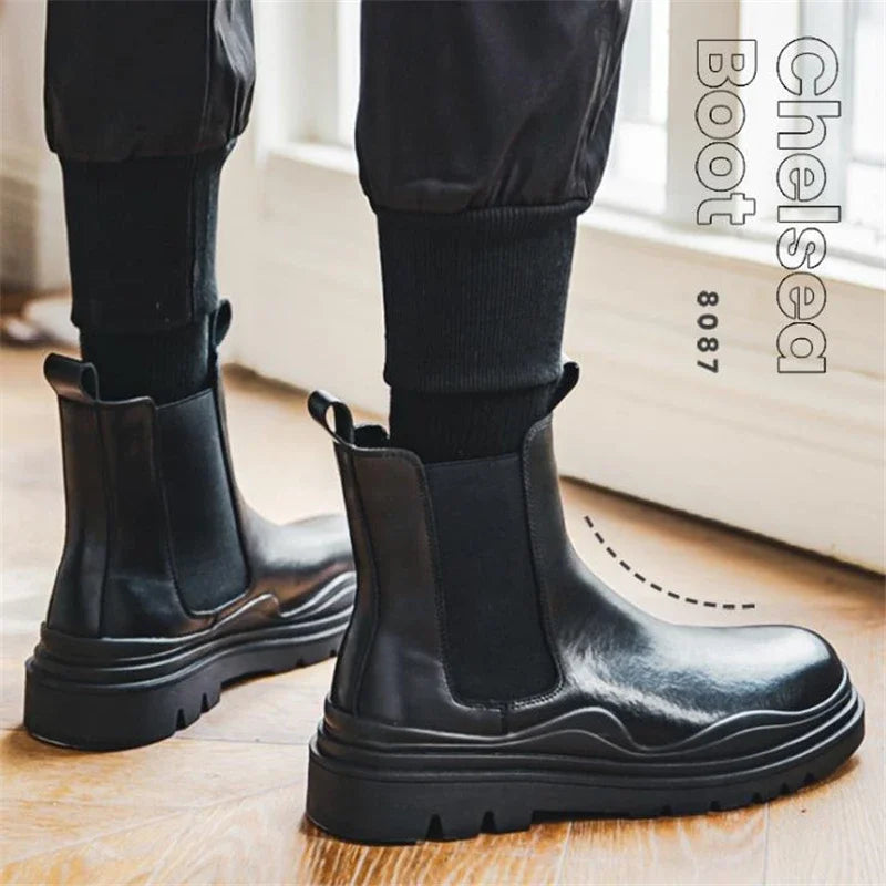 Fashion Mens Sheoes Platform Chelsea Boots Thick Bottom Split Leather Ankle Boots Male Footwear Round Toe Short Boots