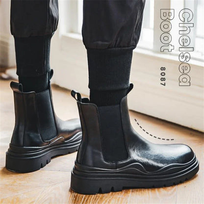Fashion Mens Sheoes Platform Chelsea Boots Thick Bottom Split Leather Ankle Boots Male Footwear Round Toe Short Boots