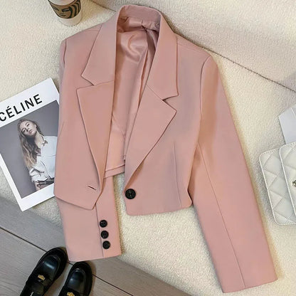 Autumn Solid Color Cropped Suit Jacket for Women Turn Down Collar Single Button Blazer Female Casual Office Lady Blazers Coat