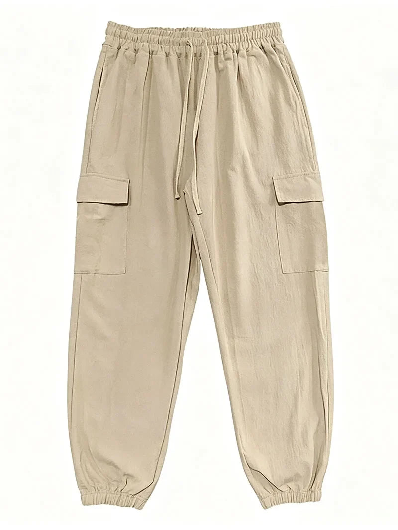 Men's Cotton Linen Blend Cargo Jogger Pants Elastic Waist Drawstring Multi Pockets Casual Breathable Streetwear Trousers for Men
