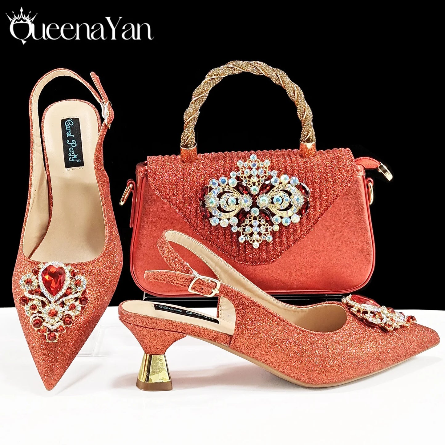 Hot Selling INS Pointed-Toe Luxury Style Women High Heels Sandal With Bag Set Orange Color for Wedding Party