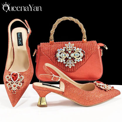 Italian Design Peach Color Pointed Toe Shoe & Bag Set Rhinestone Luxury  Women's High Heels for Parties By QSGFC
